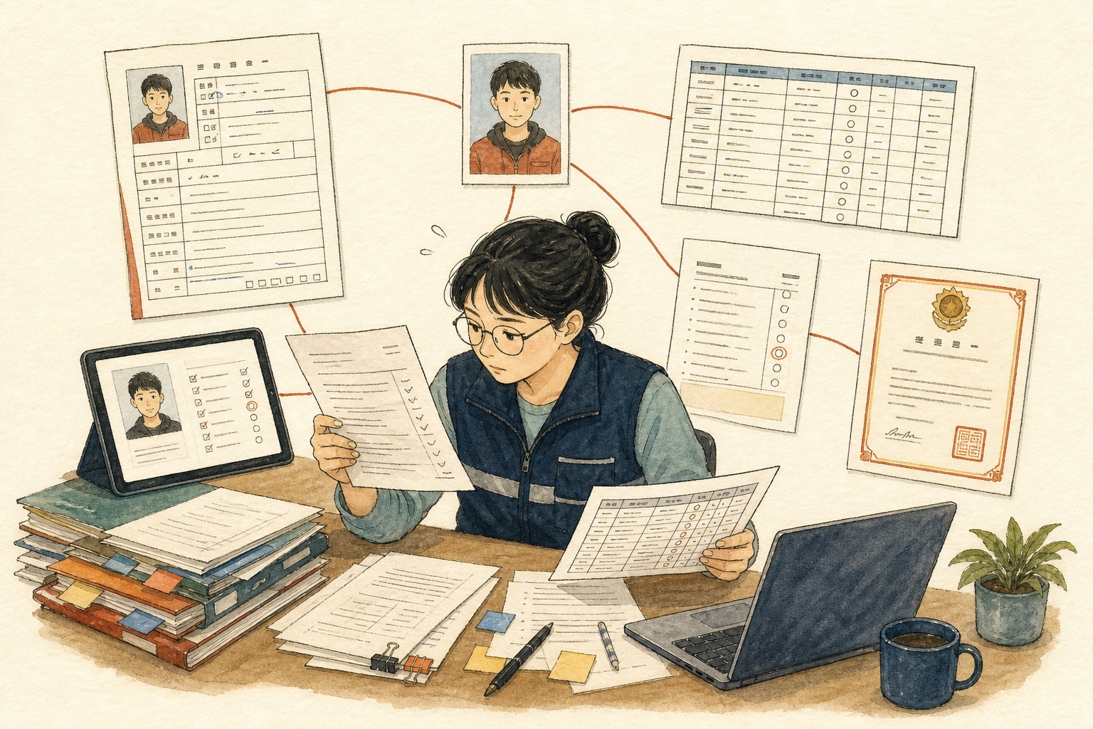 承辦人人工比對多份學員資料的手繪示意圖